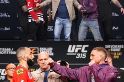 ‘I don’t think that’s his son’: Dana holds back Aussie UFC star after brutal press conference sledge